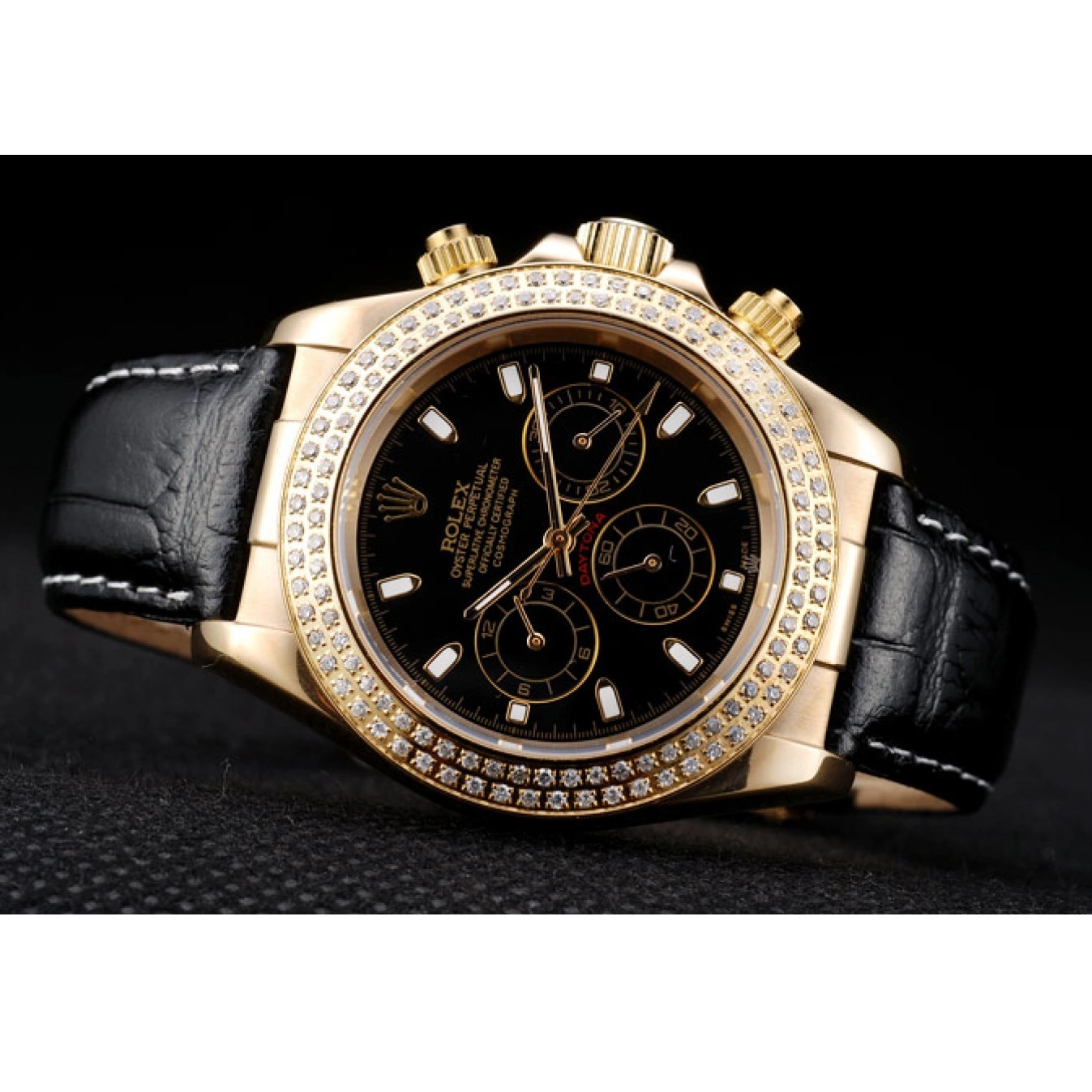 Good copy rolex watches Gold Black Bezel Case Dial Studded Rolex Crystal Daytona 0712